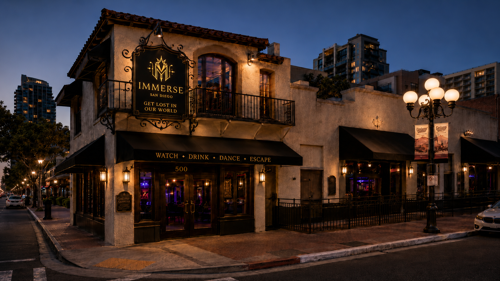 Immerse San Diego exterior signage at night